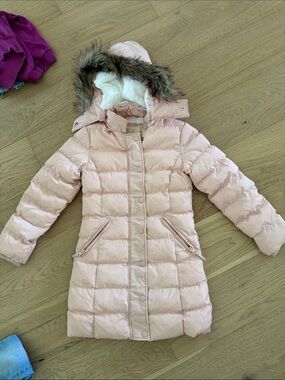 Copper Key Pale Pink Long Puffer Coat with Faux Fur Hood